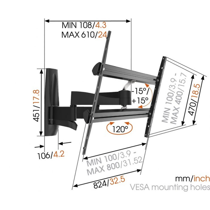 Vogel's WALL 2450 draaibare muurbeugel voor schermen tot 100 inch zwart