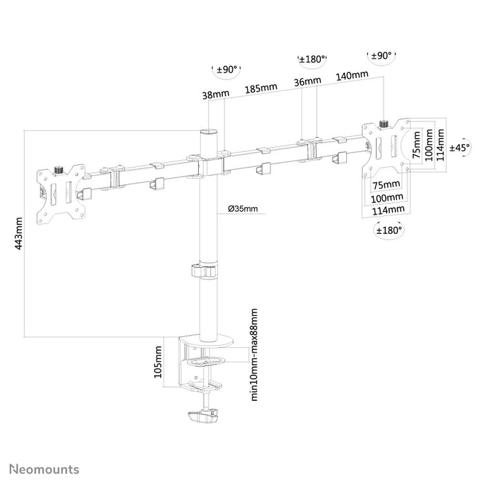 Neomounts FPMA-D550Dblack is een bureausteun voor 2 flat screens t/m 32 inch - Zwart