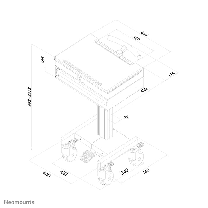 Neomounts MED-M100 is een verrijdbare werkplek voor laptop, toetsenbord en muis.