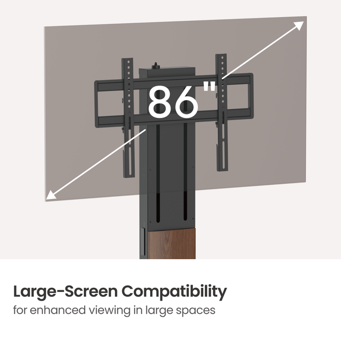 Support Wolff – Support de sol premium indépendant pour TV avec FreeLift™ – Hauteur réglable d'une seule main – Compatible avec les TV jusqu'à 86 pouces – Base massive extra large – Gestion des câbles – Noir/Noyer
