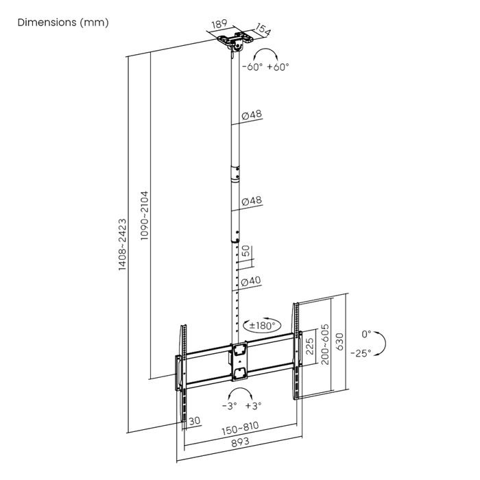 Support de plafond Wolff pour écrans Samsung 50-100 pouces – Super solide et réglable